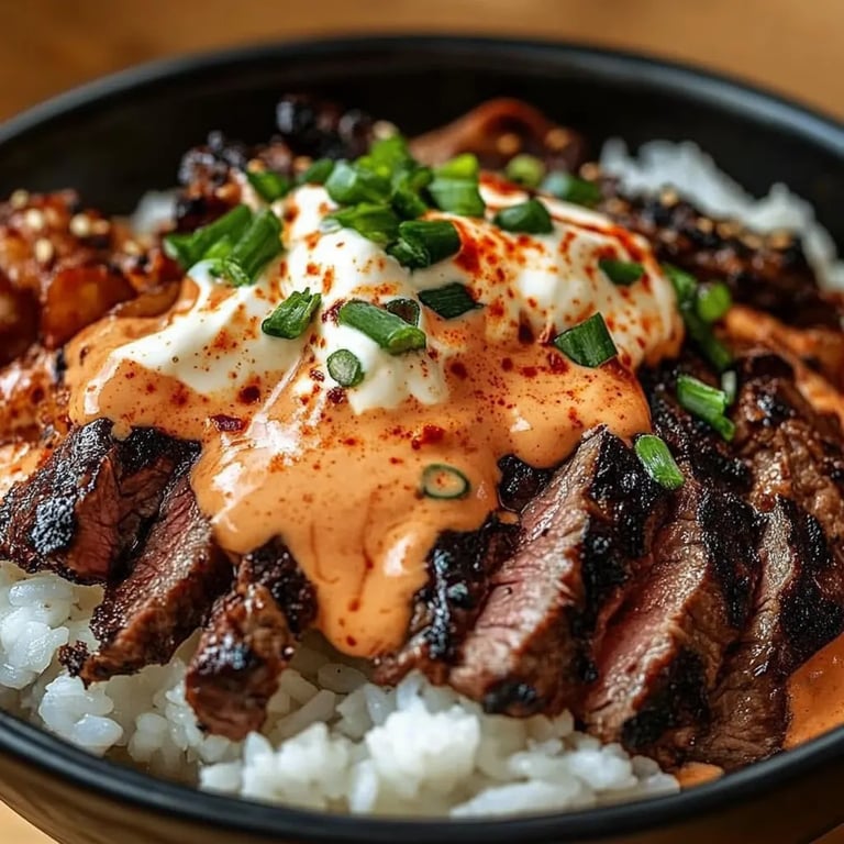 Korean BBQ Steak Rice Bowls with Spicy Cream Sauce